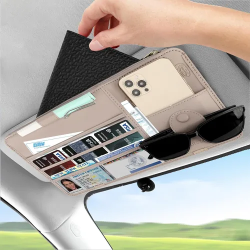 Vista 3 de Organizador de cuero para visera de automóvil para automóviles, camiones y SUV: cuenta con soporte para lentes de sol, bolsillos seguros