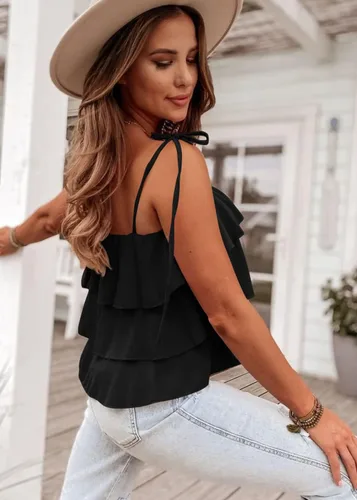 Vista 5 de KIRUNDO Blusa tipo babydoll con volantes y tirantes delgados para mujer, para verano, en capas, para playa, moda, vacaciones, crucero
