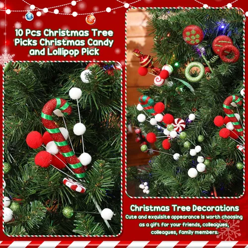 Vista 4 de Lyrow 10 Piezas Púas de Árbol de Dulces de Navidad de 14 pulgadas - Rojo, Verde, Blanco - Estilo Clásico - Navidad, Otoño, Invierno, Todo el Año