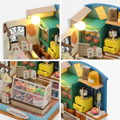 Vista 2 de Kit de casa de muñecas en miniatura de bricolaje, casa de muñecas de madera con LED, kit de construcción de casa pequeña para regalo de cumpleaños