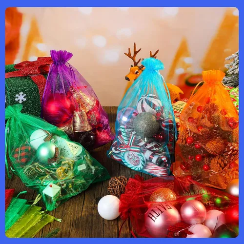 Vista 3 de Funtery - 200 bolsas grandes de organza multicolor, bolsas de regalo con cordón transparente de 8 x 12 pulgadas, bolsas de malla reutilizables
