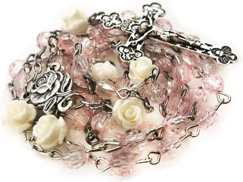 Vista 4 de Lourdes - Rosario de rosa rubor para mujer, regalo católico, collar de rosario para mujer