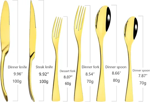 Vista 7 de Juego de cubiertos de 24 piezas, espejo de acero inoxidable 18/10, servicio de vajilla de lujo para 4, cuchillo de carne, postre, accesorios para Oro
