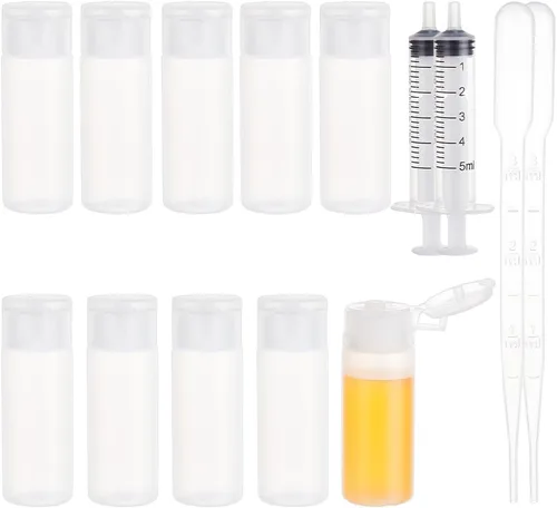 Vista 8 de BENECREAT 10 botellas de 12 ml/18 ml/30 ml de plástico para artículos de aseo de viaje, botellas con tapa abatible, recipientes de muestra