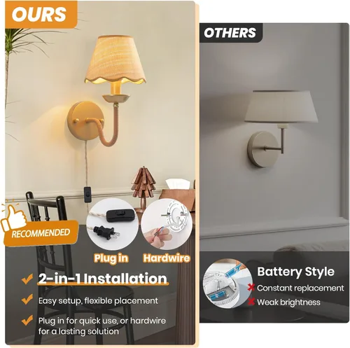 Vista 2 de Aplique de Pared de Ratán, Lámpara de Pared Boho Tejida a Mano en Oro, Iluminación de Aplique de Ratán Moderna y Rústica, Lámparas de Pared