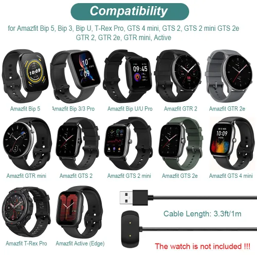 Vista 3 de Kissmart Cable de carga para Amazfit Bip 5, Bip 3, Bip U, T-Rex Pro, GTS 4 Mini, GTS 2, GTS 2 Mini, GTS 2e, GTR 2, GTR 2e, GTR Mini, activo, cable