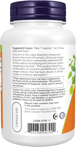 Vista 3 de Now Supplements, curcumina de cúrcuma con BioPerine, apoyo al sistema inmunológico, estandarizado al 95% de curcuminoides, absorción mejorada*, 90