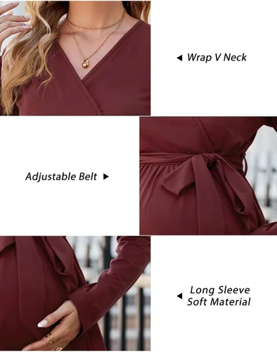 Vista 6 de OUGES Túnicas de maternidad para mujer, camisas de manga larga, cuello en V, ropa de maternidad de enfermería, blusa casual de embarazo