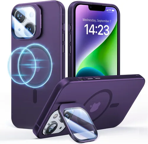 Vista 13 de Funda para iPhone 14 Pro, protección contra caídas de grado militar, compatible con MagSafe, soporte integrado y protector de lente de cámara, funda