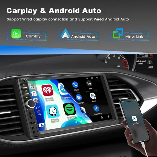 Vista 2 de Estéreo de auto doble DIN con Apple CarPlay y Android Auto, radio de coche con pantalla táctil HD de 7 pulgadas, receptores de audio Bluetooth