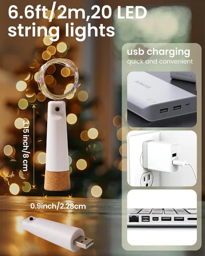 Vista 2 de tuhood Luces de botella de vino con corcho, paquete de 4 20 luces LED recargables con modo de luces múltiples, para decoraciones de Halloween