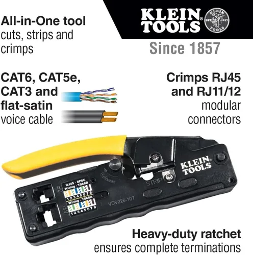 Vista 2 de Klein Tools VDV226-107 Crimpadora modular compacta de cable de datos de trinquete/pelacables/cortador de alambre, CAT6, CAT5, CAT3, cable de voz