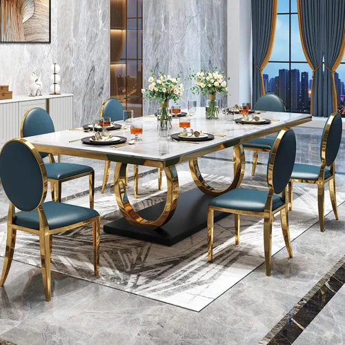 Vista 2 de LITFAD Mesa de mármol de estilo moderno con mesa blanca y base de caballete dorada, mesa de comedor rectangular con forma de mesa de restaurante