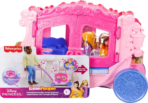Vista 6 de Fisher-Price Little People Juego de juguetes para niños pequeños Disney Princess Carrito musical tirable con figuras para juego de rol para niños