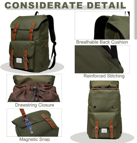Vista 4 de Chase Chic Mochila para hombres y mujeres, mochila vintage unisex casual para viajes, universidad, trabajo, Verde, Classic