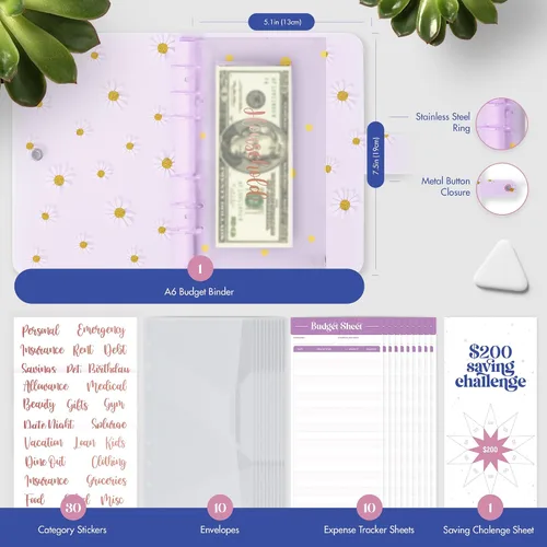 Vista 2 de SOUL MAMA Carpeta de presupuesto A6 de PVC con sobres de efectivo, lindo organizador de dinero morado margarita para presupuestos en efectivo