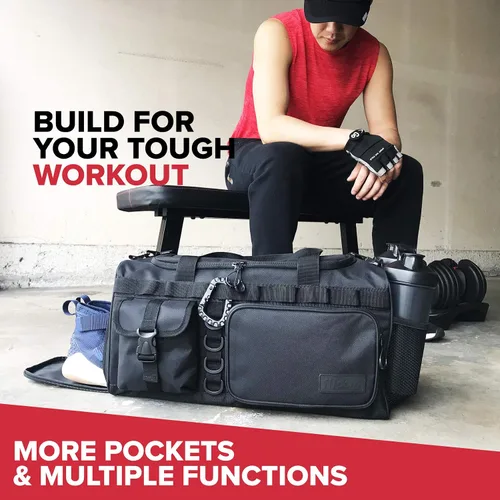 Vista 2 de Fitdom Bolsa de lona táctica negra de 20 pulgadas y 32 L con compartimento para zapatos. La mejor bolsa de entrenamiento para hombres y mujeres. La