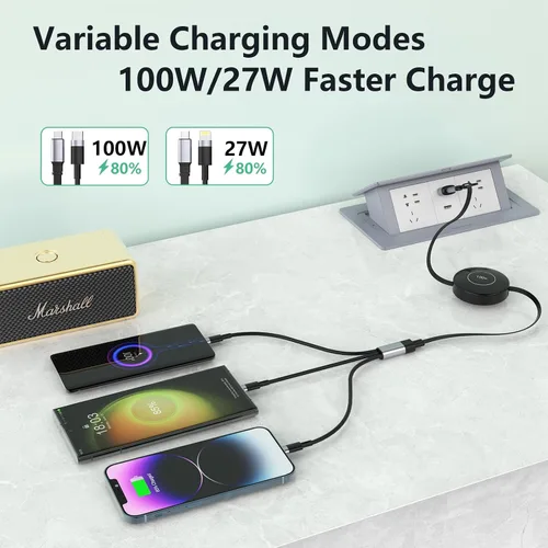 Vista 2 de Cable de carga USB C retráctil multi 5 en 1 USB A/tipo C a Lightning/USB C/Micro iPhone, cable de carga múltiple de 100 W para iPhone 15 14 13 12