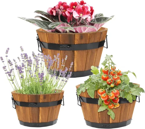 Vista 13 de Juego de 3 cajas de flores de madera para exteriores, macetas de barril de madera de acacia duraderas para plantas al aire libre con asas