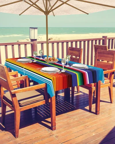 Vista 2 de Mantel rectangular a rayas de México para exteriores con agujero para paraguas, 60 x 84 pulgadas, sin arrugas, mantel de tela lavable, cubierta
