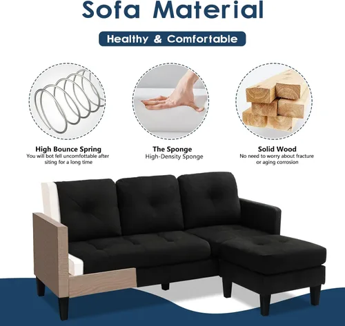 Vista 3 de Sofá modular convertible, moderno en forma de L, sofá de 3 asientos, modular reversible para sala de estar, apartamento y espacio pequeño (negro)