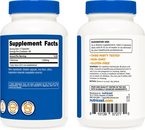 Vista 4 de Nutricost D-manosa 1000 mg por porción, 120 cápsulas – 500 mg por cápsula, salud del tracto urinario, sin OMG y sin gluten