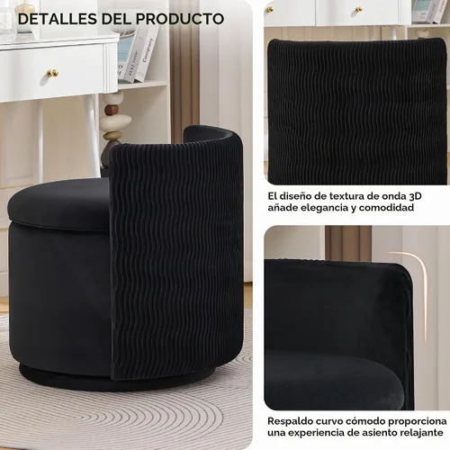 Vista 3 de WUTUTUEE Silla grande de terciopelo con almacenamiento, silla de maquillaje giratoria de 360° con respaldo ondulado, taburete pequeño sin montaje