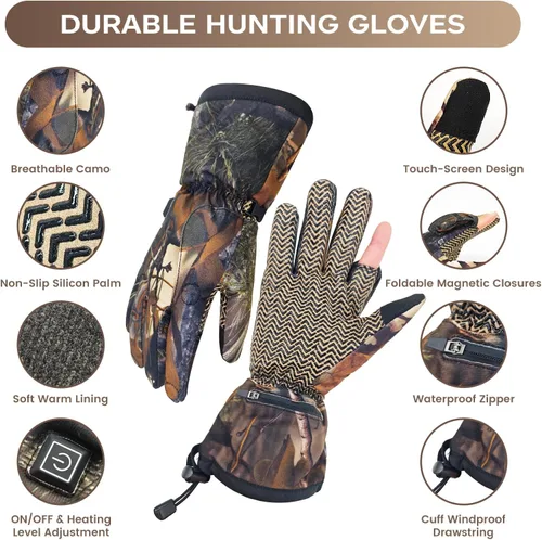 Vista 2 de Guantes de caza con calefacción para hombre, guantes térmicos eléctricos recargables de invierno, guantes térmicos de camuflaje para caza, guantes
