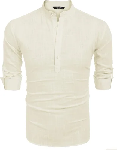 Vista 7 de COOFANDY - Camisa de lino y algodón con cuello Henley, de manga larga, estilo hippie, informal, camisetas de playa