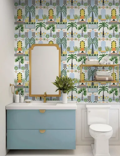 Vista 4 de NextWall Papel tapiz de fachada tropical para despegar y pegar (azul cielo y blanco roto)
