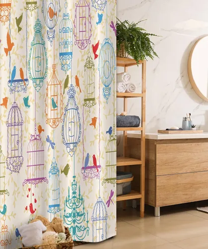 Vista 73 de set de cortina para baño decorativa de tela de poliéster con ganchos