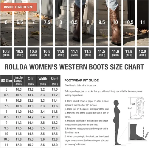 Vista 2 de Rollda Botas vaqueras occidentales para mujer con punta puntiaguda, botas vaqueras de media pantorrilla, botas de moda bordadas con tacón grueso