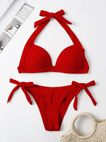 Vista 5 de Romwe Conjunto de 2 piezas de bikini halter push up para mujer, traje de baño con lazo lateral, ropa de playa