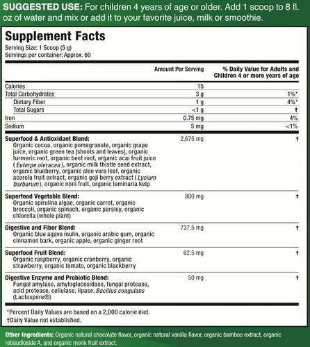 Vista 6 de Feel Great USDA Organic Super Greens para niños Polvo de verduras de chocolate vegano con polvo vegetal para niños Polvo de superalimentos