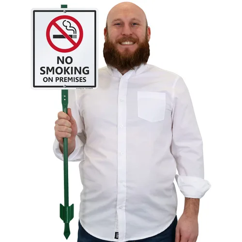 Vista 4 de SmartSign Letrero LawnBoss® "No Smoking on Premises" Letrero de aluminio de 10 x 12 pulgadas con estaca de 3 pies