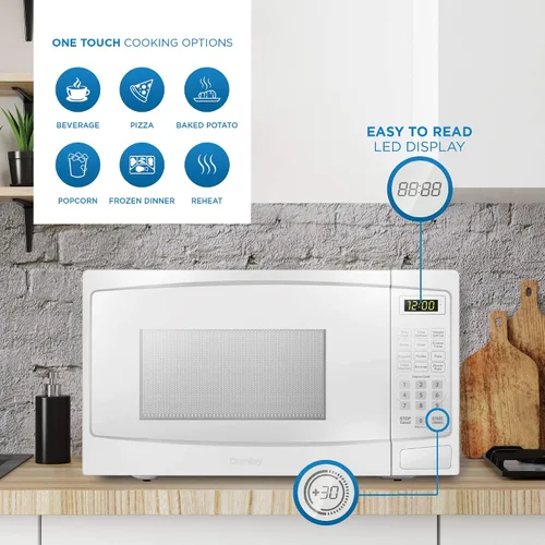 Vista 7 de Danby DBMW1120BWW - Microondas para encimera de 1.1 pies cúbicos en blanco, 1000 vatios, microondas de tamaño familiar con puerta de botón