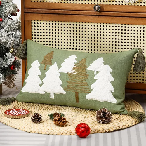 Vista 8 de Lewondr - Funda de almohada de Navidad bordada, 12 x 20 pulgadas, 1 unidad Funda de almohada decorativa, funda de cojín, decoración navideña