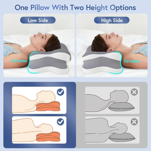 Vista 2 de Almohada cervical ergonómica para aliviar el dolor de cuello, almohada de espuma viscoelástica de contorno ajustable de doble altura para dormir