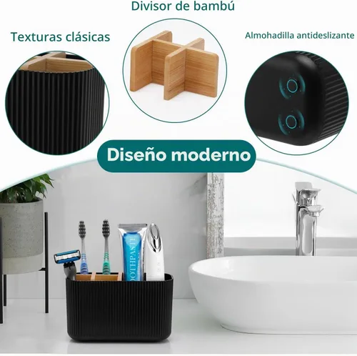 Vista 3 de GFWARE Soporte para cepillos de dientes negro – Portacepillos de dientes de bambú para baños, organizador de cepillos de dientes eléctrico