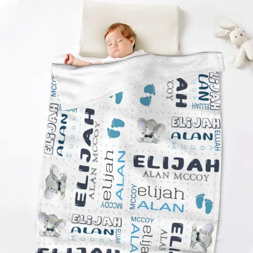 Vista 3 de Mantas de bebé personalizadas para niñas y niños con nombre, mantas personalizadas para niños, artículos de bebé personalizados, regalos Elefante