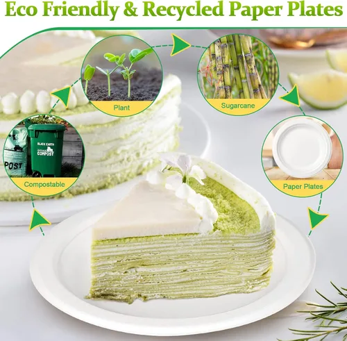 Vista 4 de Platos de papel pequeños, paquete de 200 platos de papel de 7 pulgadas, platos desechables para pastel de postre, platos 100% compostables hechos