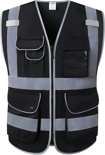 Vista 6 de JKSafety Chaleco de seguridad frontal con cremallera de alta visibilidad Clase 2 de 9 bolsillos con tiras reflectantes, cumple con las normas