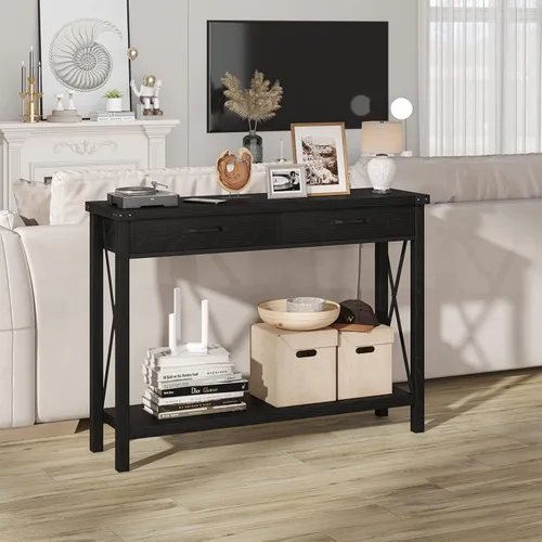 Vista 5 de Alkmaar Mesa de entrada de granja, mesa consola negra con cajones, mesa de sofá de madera con almacenamiento, mesa de pasillo para entrada, sala