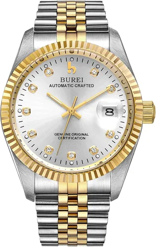 Vista 15 de BUREI Reloj automático de lujo para hombre, resistente al agua, reloj mecánico, correa ajustable de dos tonos de acero inoxidable