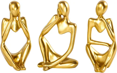 Vista 27 de BMLCGJ Estatua del pensador dorada, escultura de arte abstracto decorativa, figuras coleccionables de resina dorada para decoración del hogar, sala