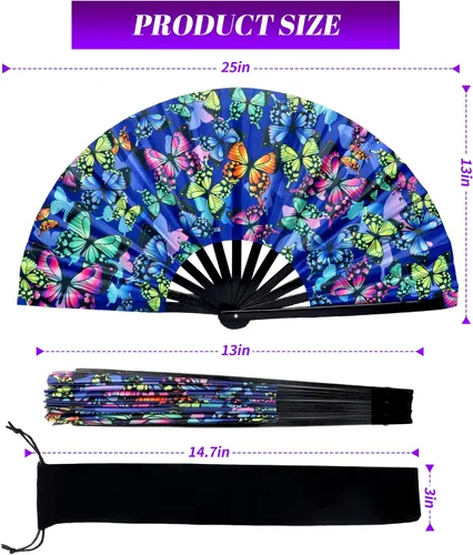 Vista 2 de Abanico de mano grande de 13 pulgadas con luz UV para baile en línea, abanico plegable para botas en el suelo, actuación, boda, fiesta - abanico