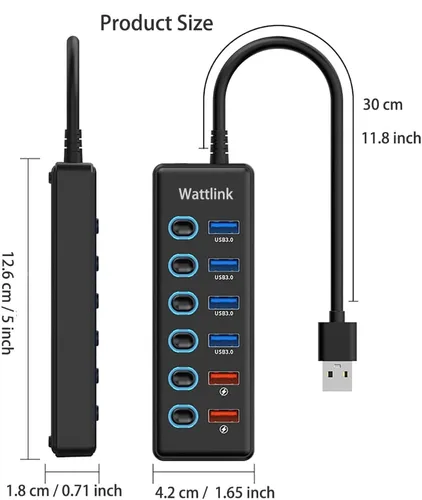Vista 2 de Hub USB 3.0 alimentado, divisor de concentrador de 6 puertos con adaptador de corriente, 4 puertos de datos + 2 puertos de carga rápida QC 3.0