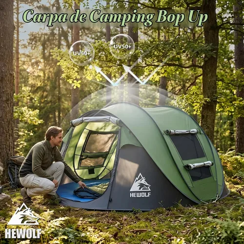 Vista 2 de Hewolf Tienda de campaña desplegable para 2/4 personas, fácil instalación instantánea, impermeable, tienda familiar automática para camping