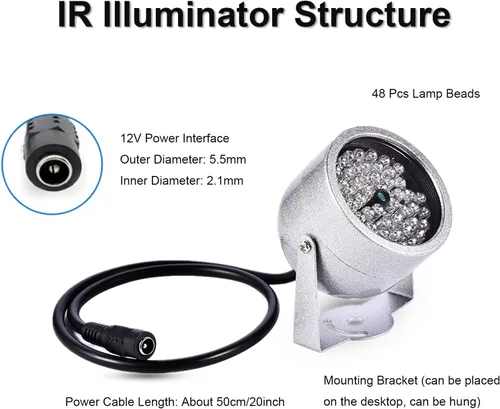 Vista 6 de ASHATA Luz infrarroja infrarroja IR de visión nocturna de 48 LED para cámara de seguridad CCTV y cámara IP, gran angular de 60°, a prueba de agua