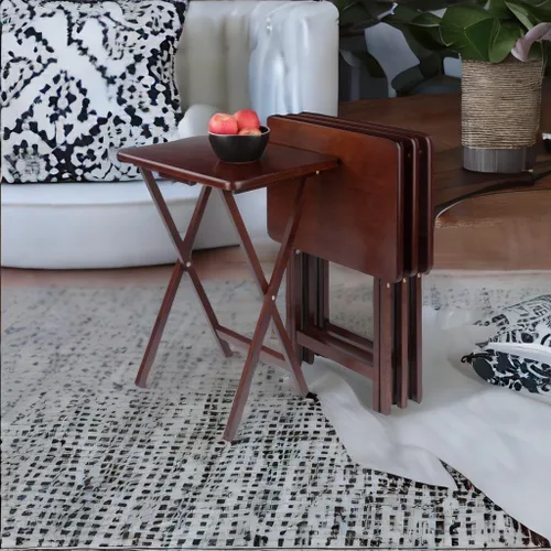 Vista 4 de Ergode Alex - Juego de mesa de aperitivos de 5 piezas, madera maciza, plegable, acabado de nogal antiguo, entretenido, servir, lado del sofá